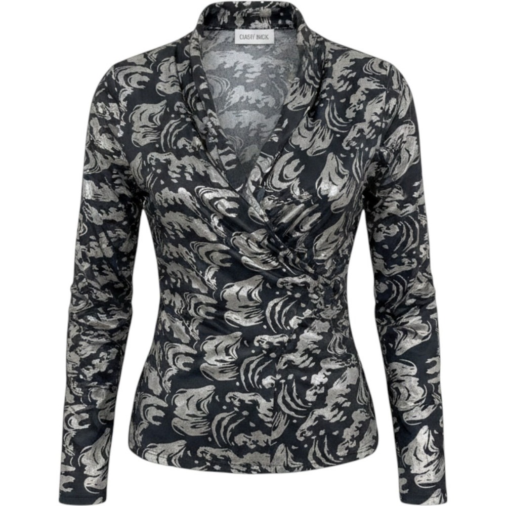 Carry Back Blouse Women 10 Black Silver Metallic Foil Abstract Vintage Glam‎ Top
